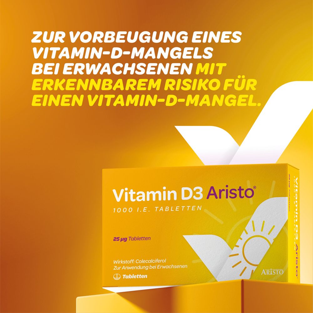 Gelber Hintergrund mit Text: 'Zur Vorbeugung eines Vitamin-D-Mangels'. Vitamin D3 Aristo Schachtel mit 25 Tabletten.