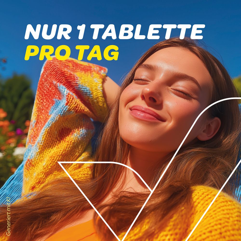 Frau entspannt im Freien. Text: 'Nur 1 Tablette pro Tag'.  Vitamin D3 Aristo ist nicht sichtbar.