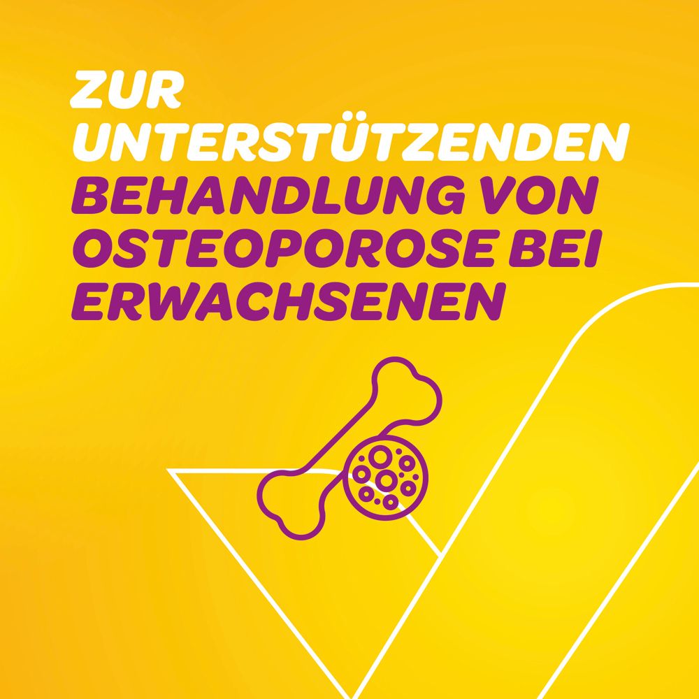 Gelber Hintergrund mit Text: 'Zur unterstützenden Behandlung von Osteoporose'. Knochen-Symbol. Vitamin D3 Aristo ist nicht sichtbar.