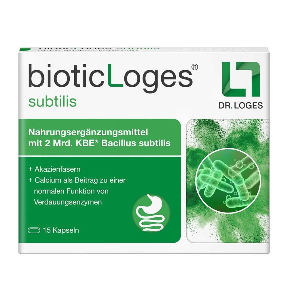 Verpackung von bioticLoges subtilis. Weiß, grün. Schriftzug: bioticLoges subtilis. 15 Kapseln. Dr. Loges Logo.