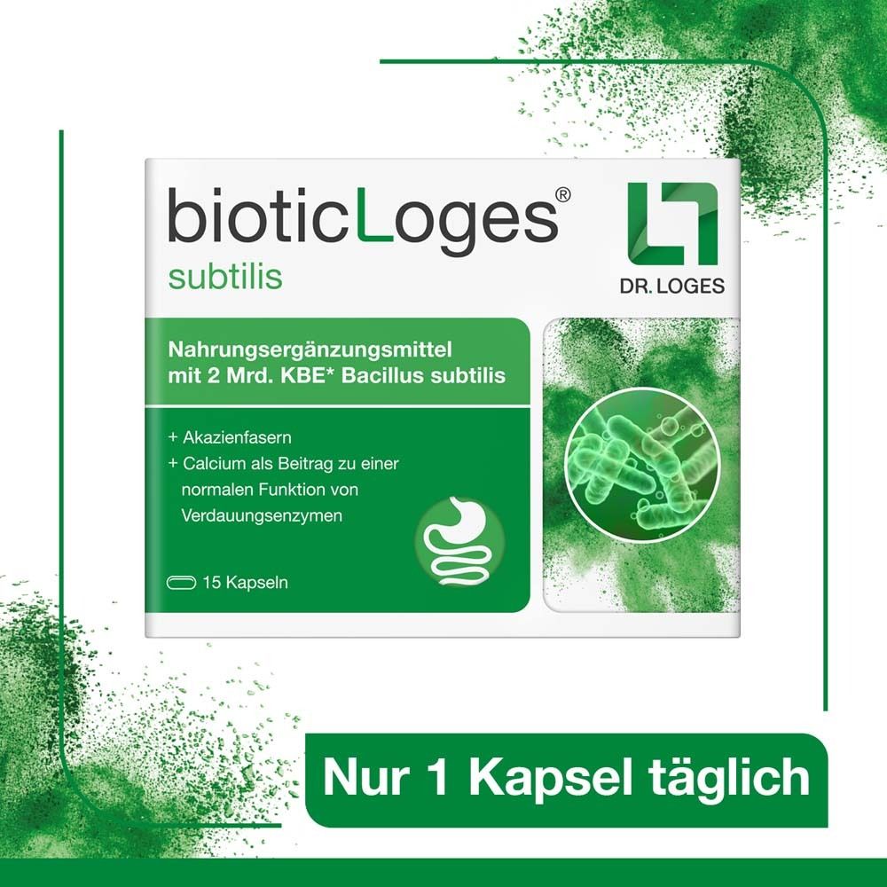 Verpackung von bioticLoges subtilis. Grün-weiße Schachtel mit Produktinformationen und Logo.