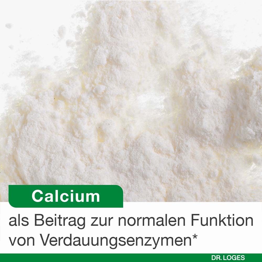 Weißes Pulver. Text: Calcium als Beitrag zur normalen Funktion von Verdauungsenzymen. Dr. Loges Logo.