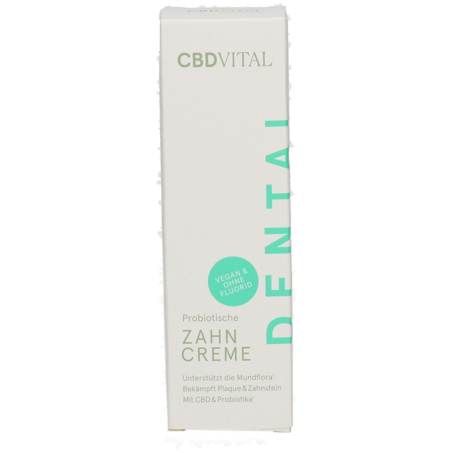 Vorderseite der CBDVITAL Dental Zahncreme Verpackung, vegan & fluoridfrei, mit CBD & Probiotika.