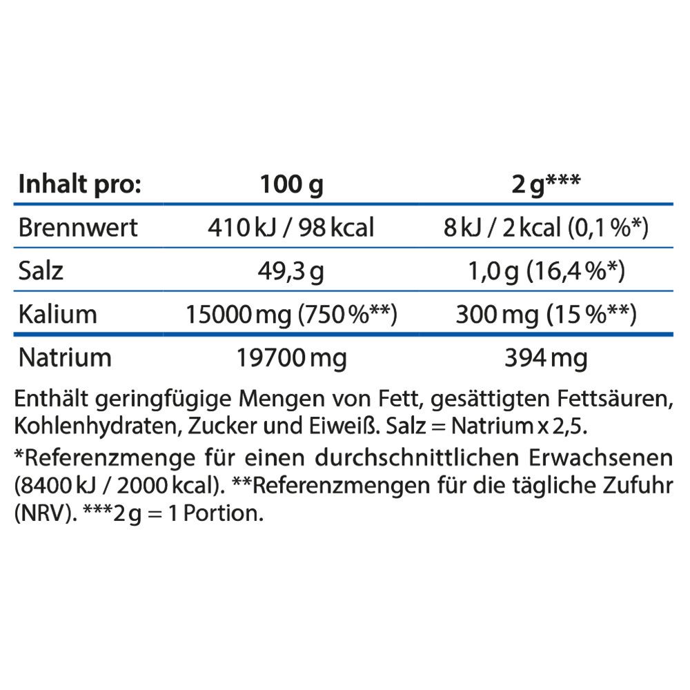 Nährwerttabelle von Dr. Jacob's Blutdruck-Salz. Angaben pro 100g und 2g Portion.