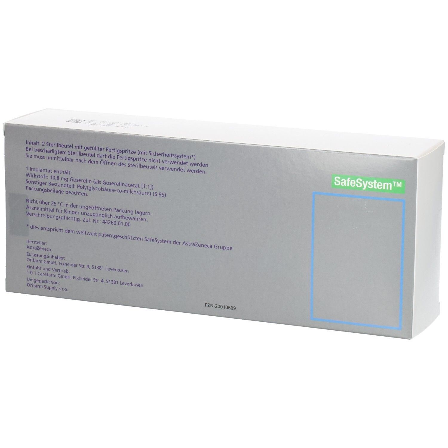 Rückseite der Zoladex 10,8 mg 3-Monats-Depot Implantat Packung.
