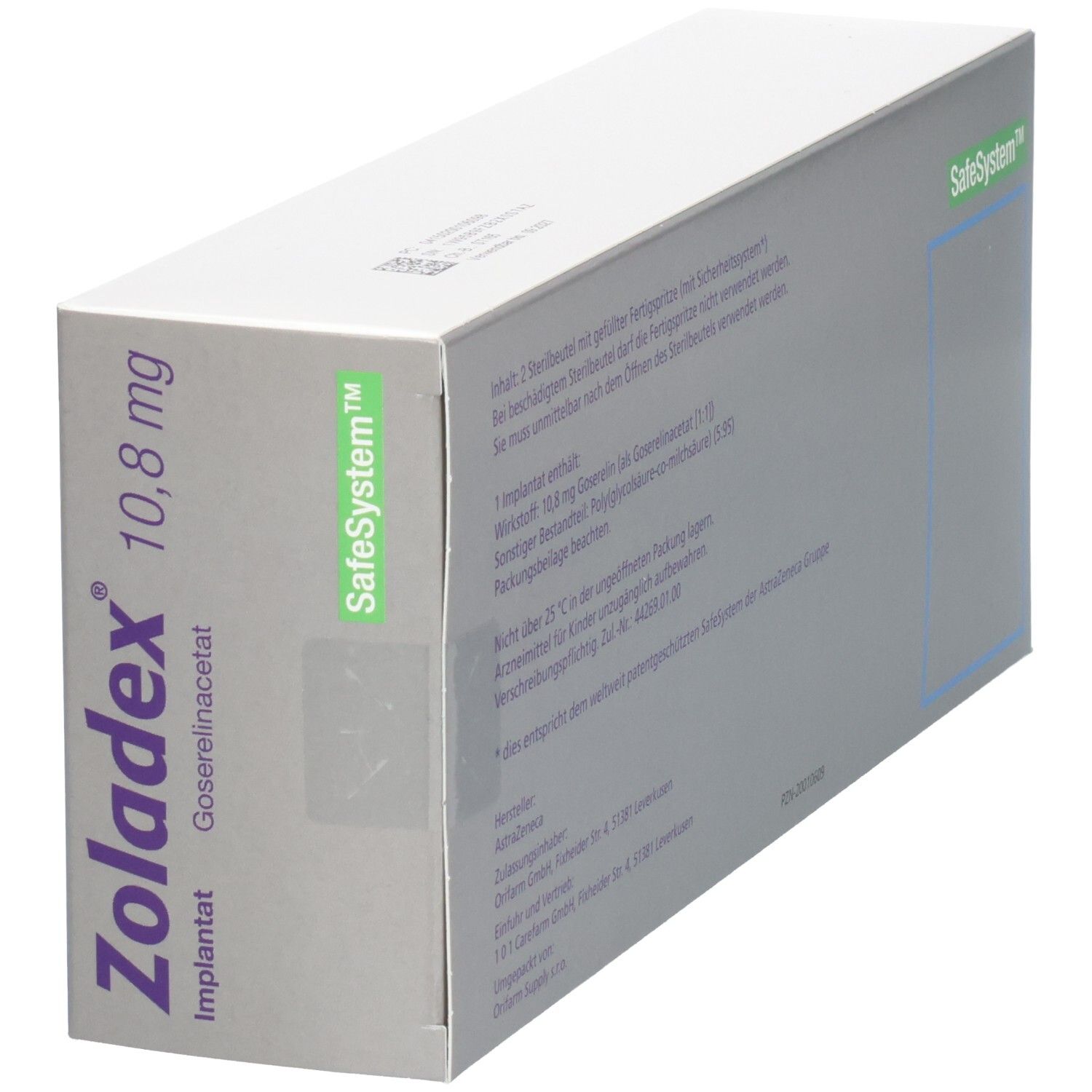Seite der Zoladex 10,8 mg 3-Monats-Depot Implantat Packung.