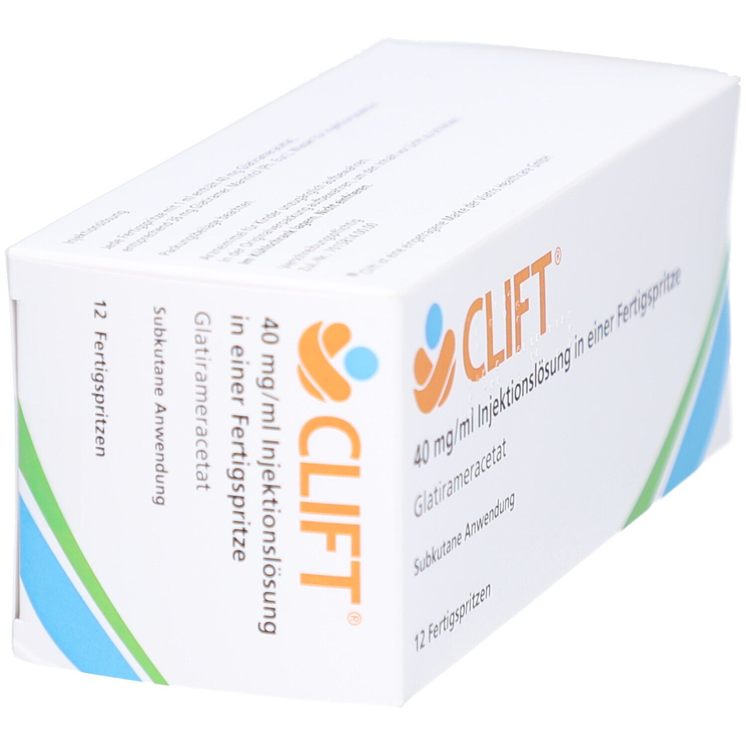 Schachtel mit CLIFT-Logo und Text: 40 mg/ml Injektionslösung, Glatirameracetat, Fertigspritzen. 12 Fertigspritzen. Schräge Ansicht.