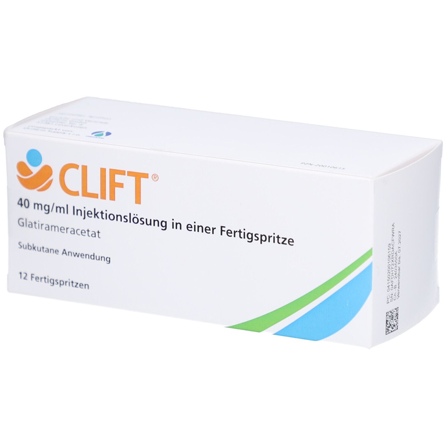Weiße Schachtel mit CLIFT-Logo und Text: 40 mg/ml Injektionslösung, Glatirameracetat, Fertigspritzen. 12 Fertigspritzen. QR-Code.