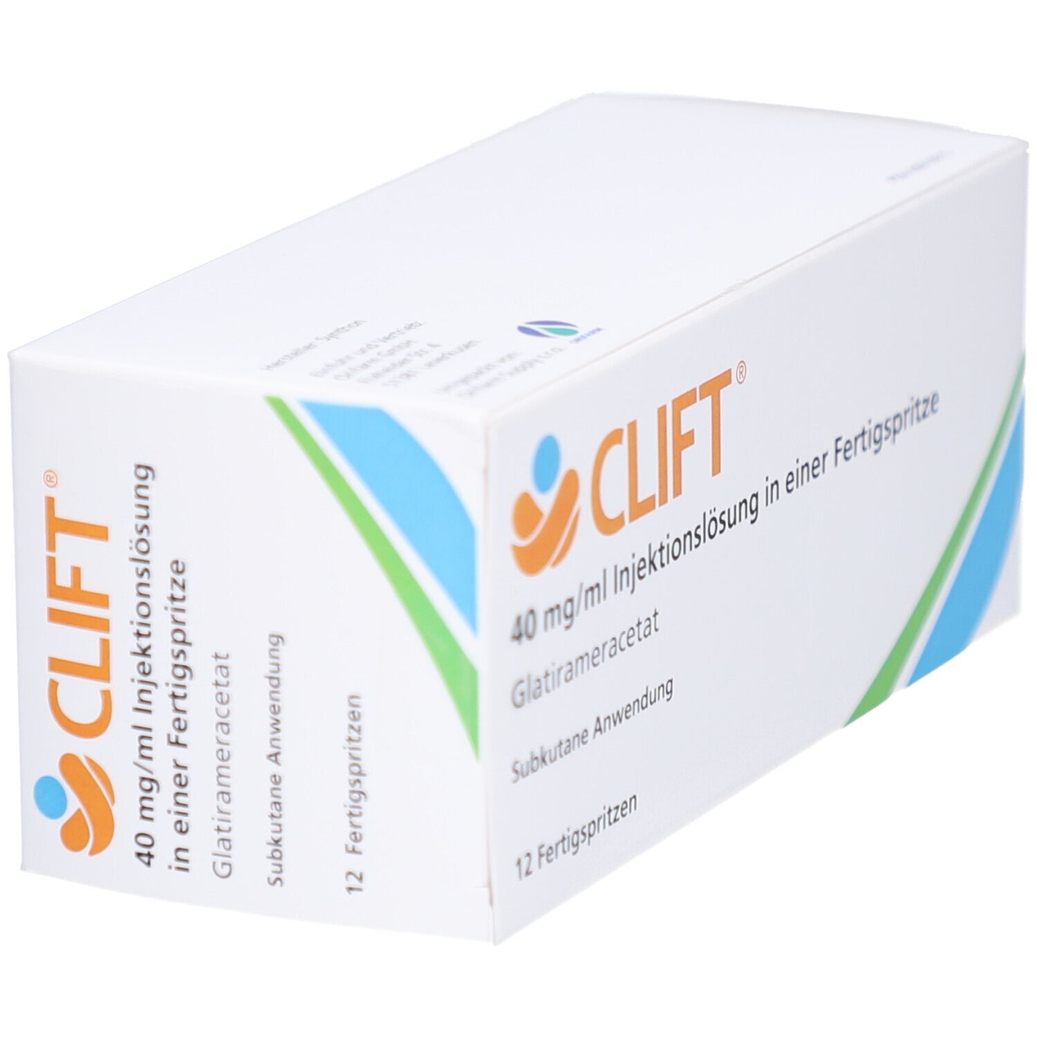 Schachtel mit CLIFT-Logo und Text: 40 mg/ml Injektionslösung, Glatirameracetat, Fertigspritzen. 12 Fertigspritzen. Schräge Ansicht.