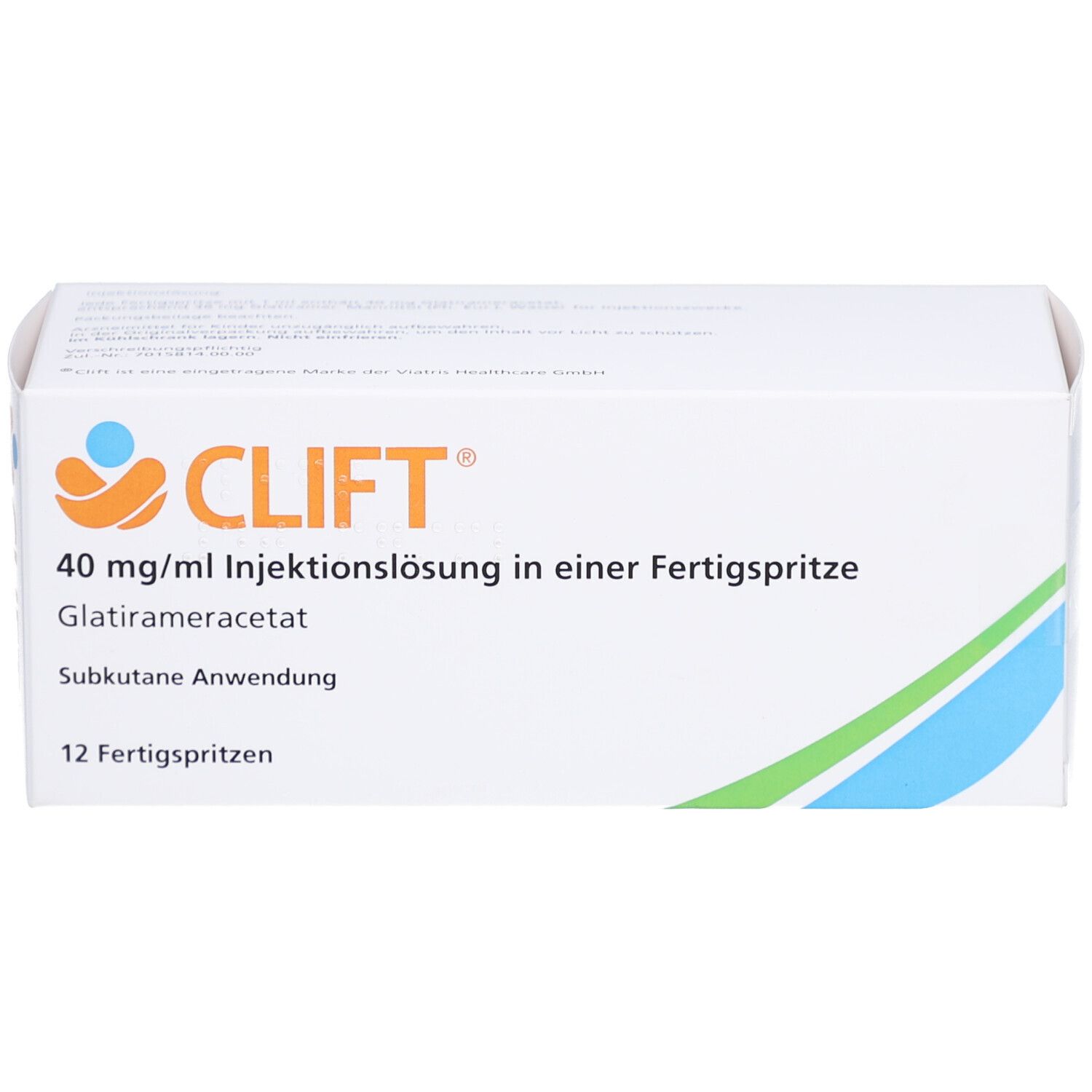 Weiße Schachtel mit CLIFT-Logo und Text: 40 mg/ml Injektionslösung, Glatirameracetat, Fertigspritzen. 12 Fertigspritzen.