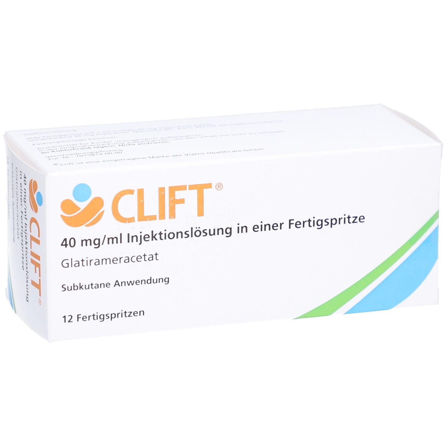 Weiße Schachtel mit CLIFT-Logo und Text: 40 mg/ml Injektionslösung, Glatirameracetat, Fertigspritzen. 12 Fertigspritzen. Seitenansicht.