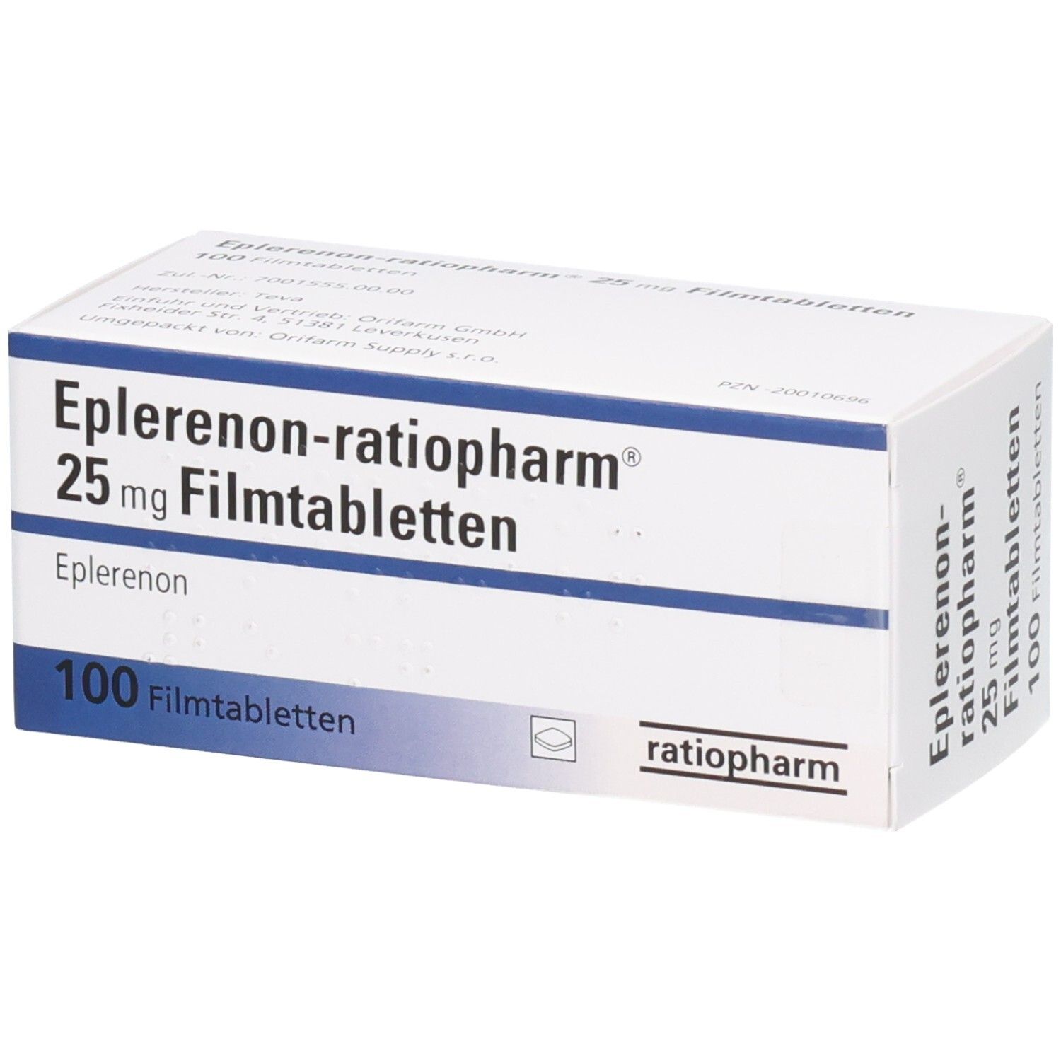 Schachtel mit EPLERENON-ratiopharm 25 mg Filmtabletten. Aufschrift: 100 Filmtabletten. Logo ratiopharm.