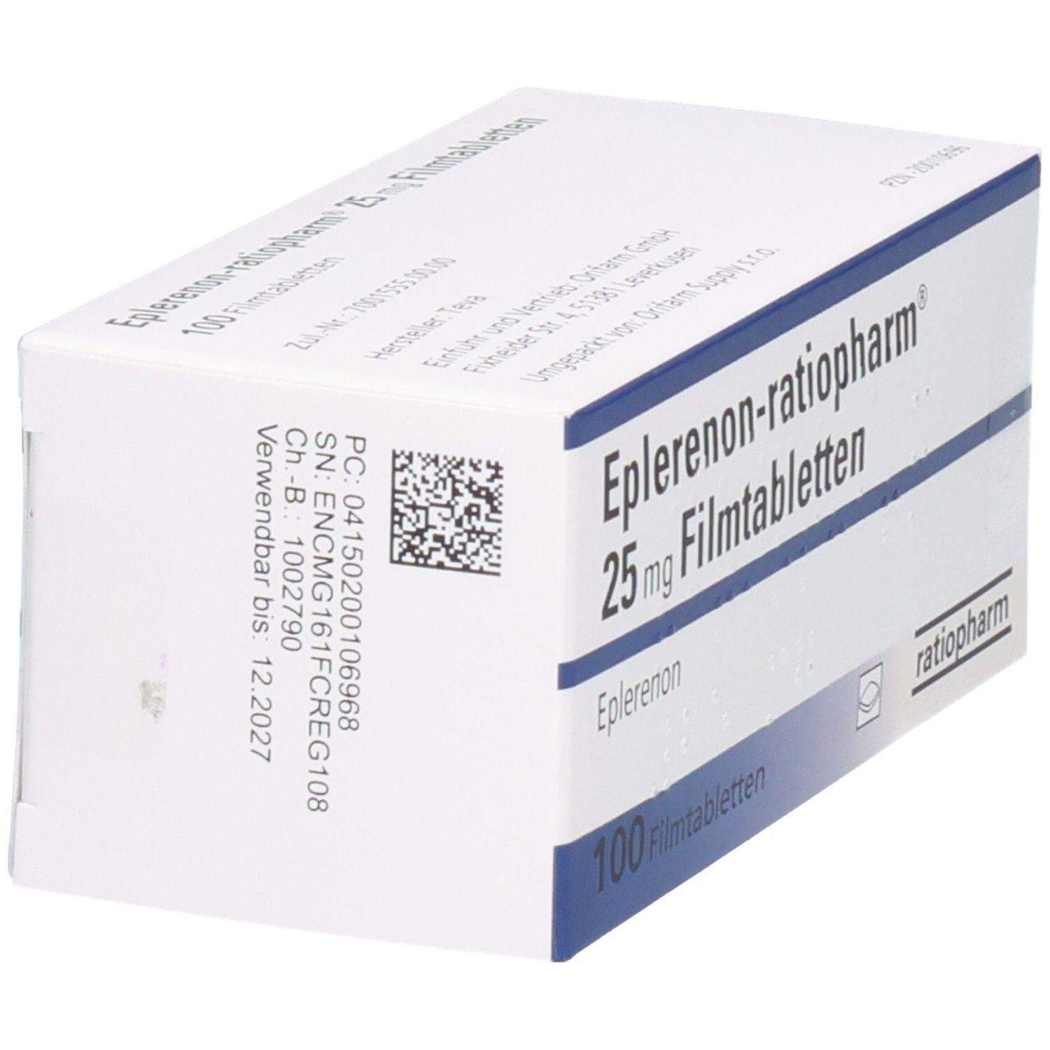 Schachtel EPLERENON-ratiopharm 25 mg Filmtabletten. Aufschrift: 100 Filmtabletten. Barcode und weitere Informationen.
