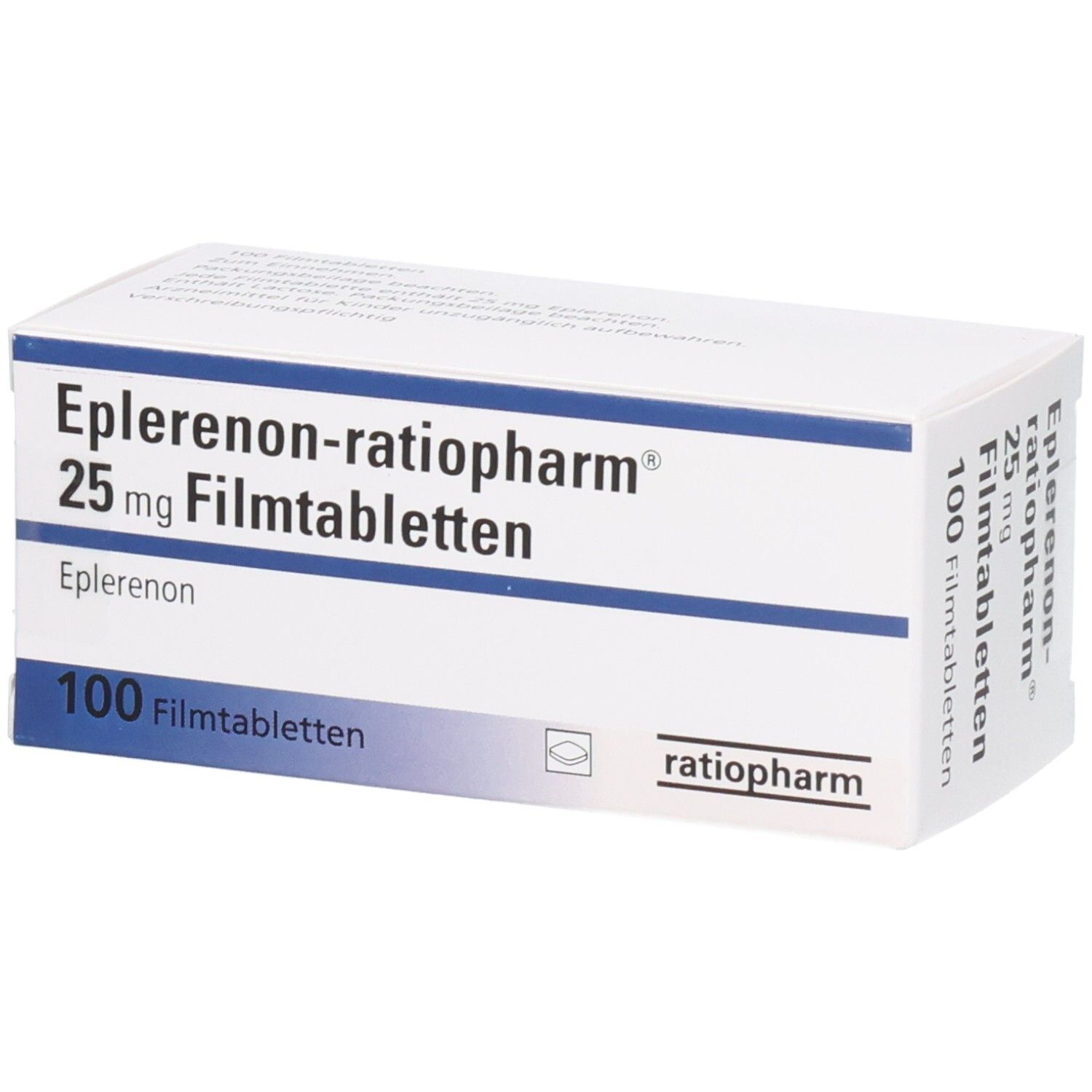 Schachtel mit EPLERENON-ratiopharm 25 mg Filmtabletten. Aufschrift: 100 Filmtabletten. Logo ratiopharm.