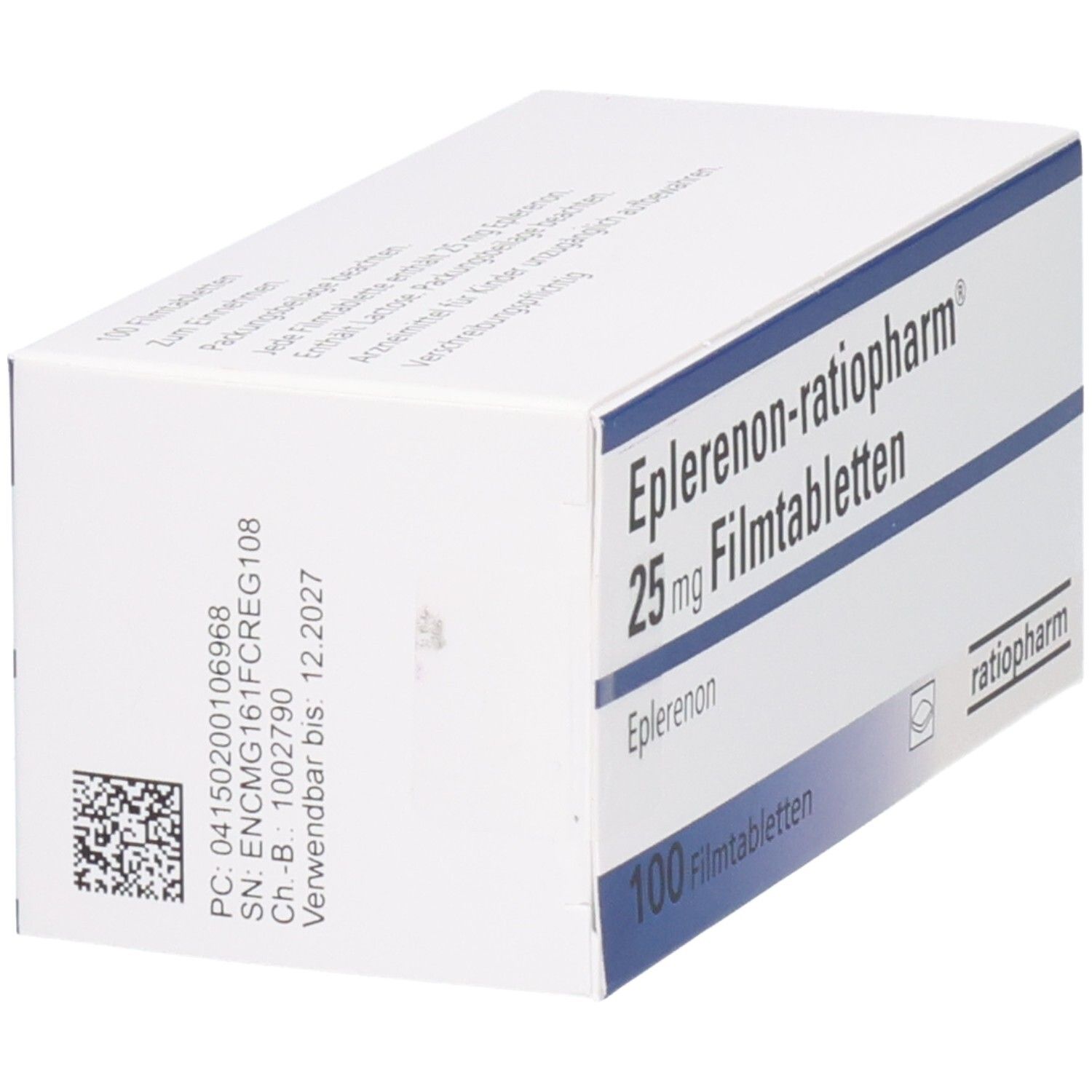 Schachtel EPLERENON-ratiopharm 25 mg Filmtabletten. Aufschrift: 100 Filmtabletten. Barcode und weitere Informationen.