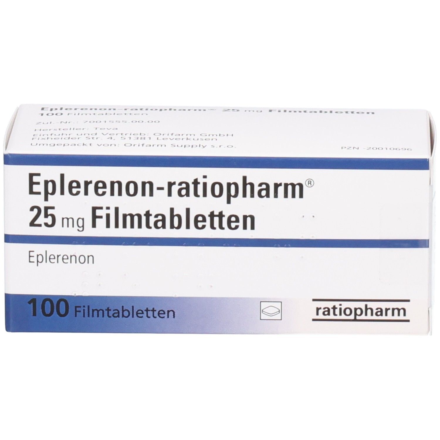 Schachtel mit EPLERENON-ratiopharm 25 mg Filmtabletten. Aufschrift: 100 Filmtabletten. Logo ratiopharm.