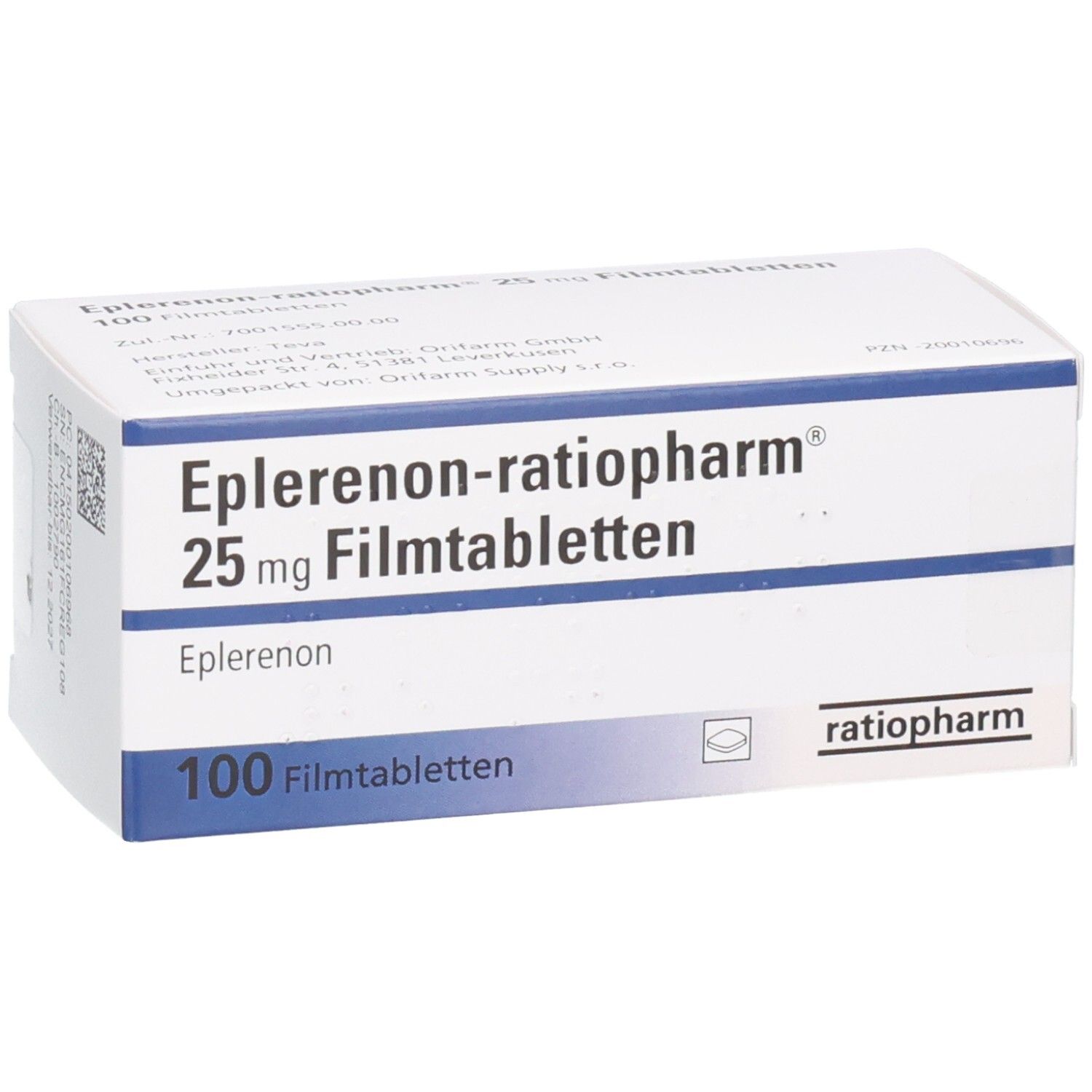 Schachtel EPLERENON-ratiopharm 25 mg Filmtabletten. Aufschrift: 100 Filmtabletten. Barcode und weitere Informationen.