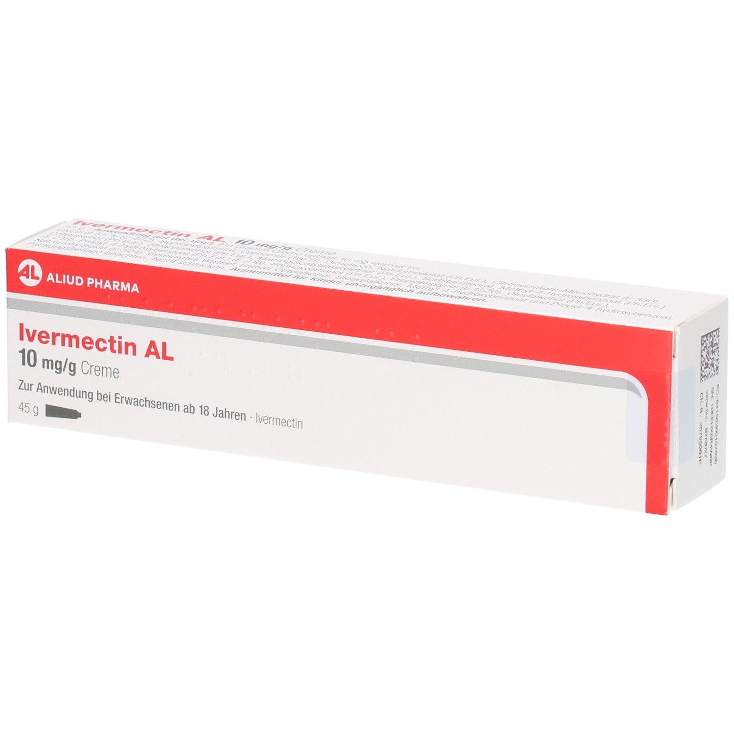 Verpackung von Ivermectin AL 10 mg/g Creme. Weißer Karton mit rotem Streifen und Produktinformationen. AL-Logo.