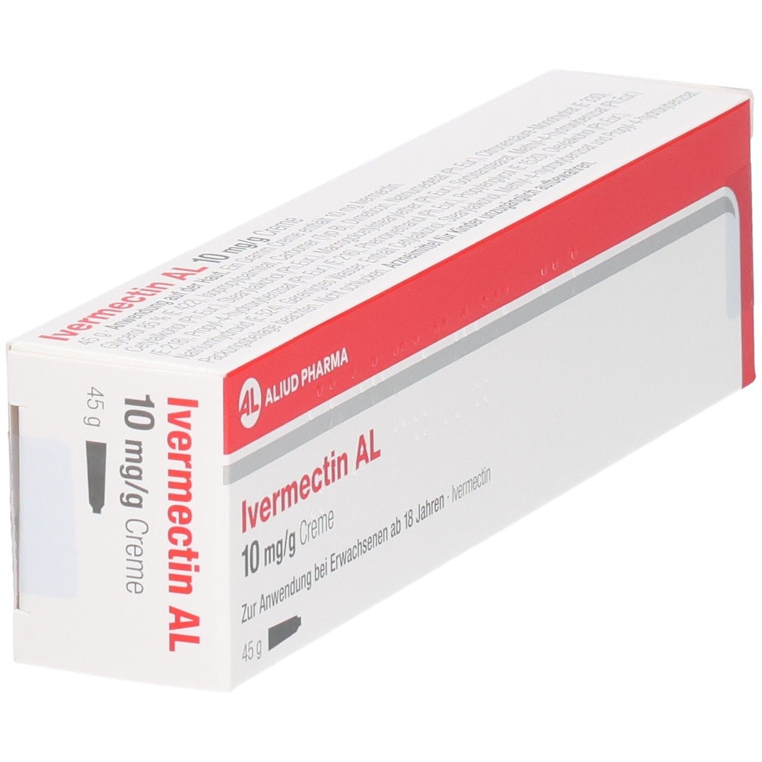 Schrägansicht der Ivermectin AL 10 mg/g Creme Verpackung. Weißer Karton mit rotem Streifen und Produktinformationen. AL-Logo.