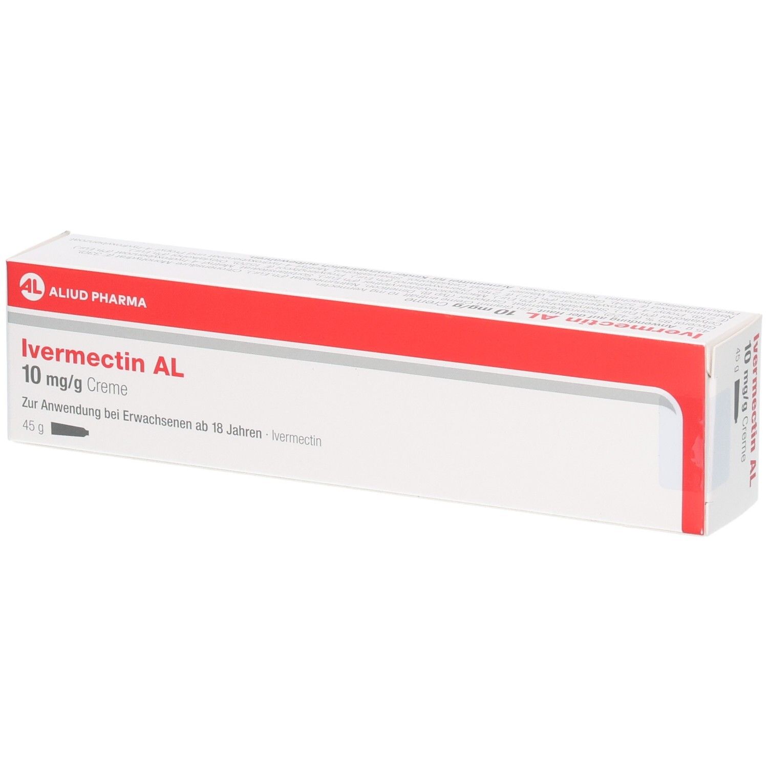 Verpackung von Ivermectin AL 10 mg/g Creme. Weißer Karton mit rotem Streifen und Produktinformationen. AL-Logo.