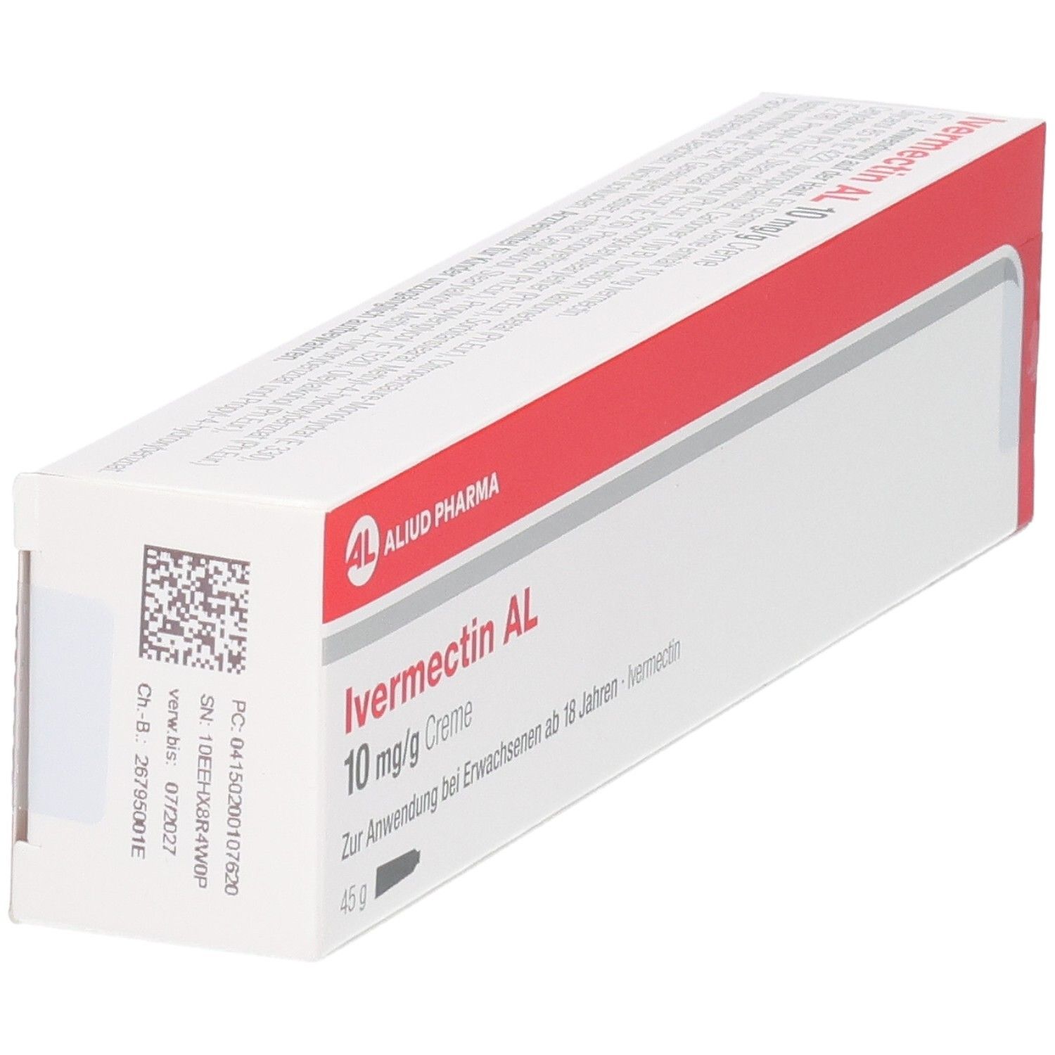 Schrägansicht der Ivermectin AL 10 mg/g Creme Verpackung. Weißer Karton mit rotem Streifen und Produktinformationen. AL-Logo.