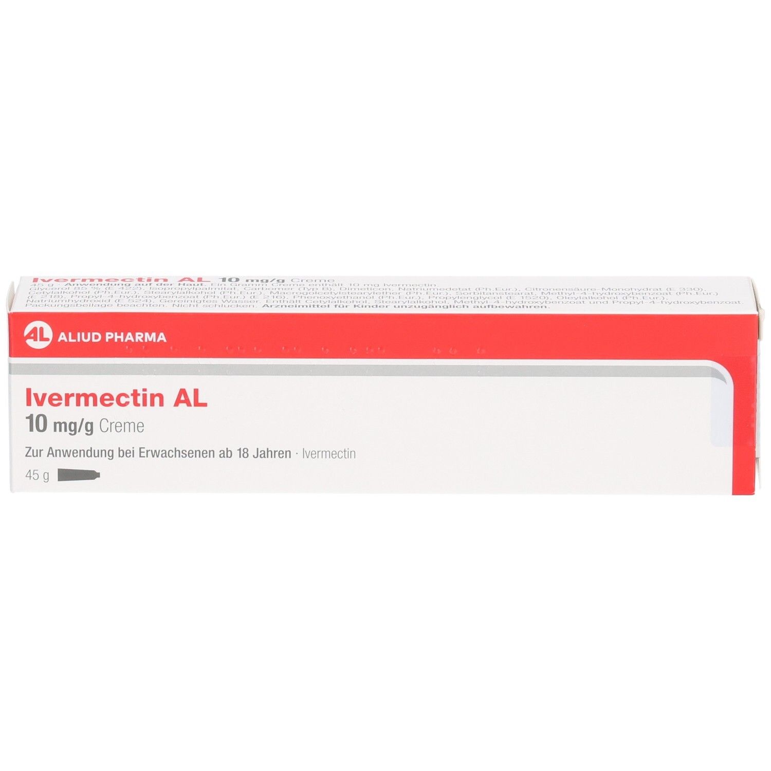 Verpackung von Ivermectin AL 10 mg/g Creme. Weißer Karton mit rotem Streifen und Produktinformationen. AL-Logo.