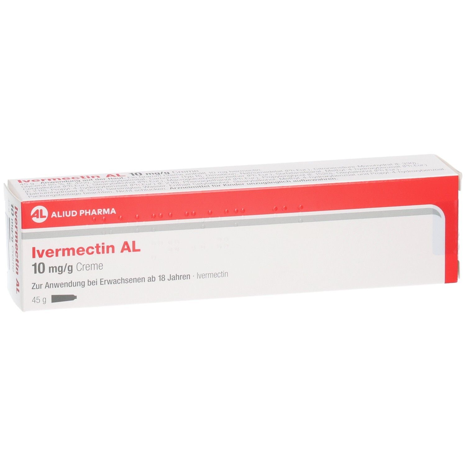 Verpackung von Ivermectin AL 10 mg/g Creme. Weißer Karton mit rotem Streifen und Produktinformationen. AL-Logo.