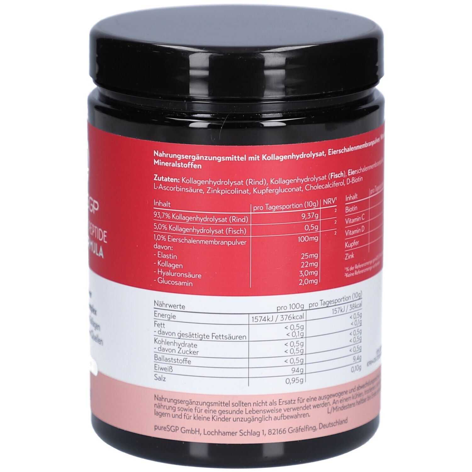 Rückseite des schwarzen Gefäßes. Rotes Etikett mit Nährwertangaben und Inhaltsstoffen. Enthält Informationen zu Vitaminen und Mineralstoffen.