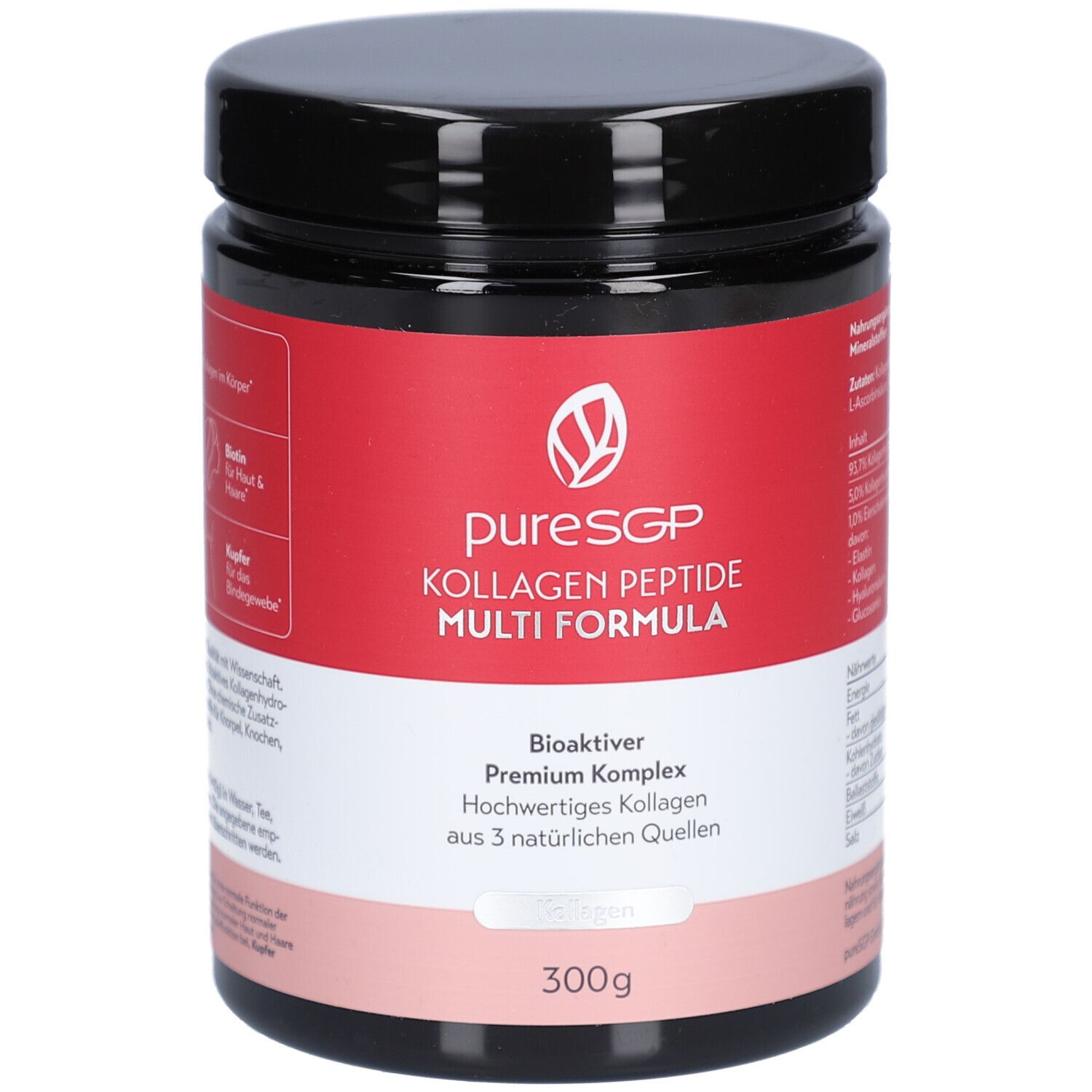 Schwarzes Gefäß mit rotem Etikett. puresGP Kollagen Peptide Multi Formula Pulver. 300g. Enthält Informationen zu Inhaltsstoffen und Nutzen.