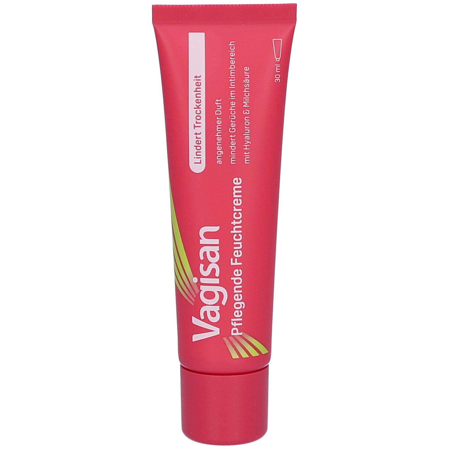 Rosa Tube mit weißer Schrift. Produktname: Vagisan Pflegende Feuchtcreme. Text: Lindert Trockenheit, angenehmer Duft, Hyaluron & Milchsäure.