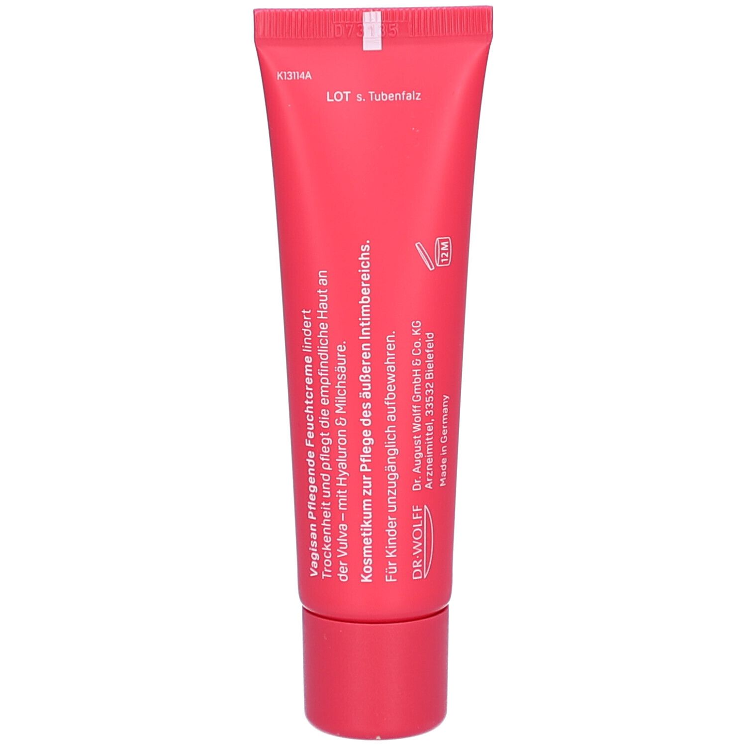 Rückseite einer rosa Tube. Text: Vagisan Pflegende Feuchtcreme. Informationen zur Anwendung und Inhaltsstoffen. Hersteller: Dr. Wolff.