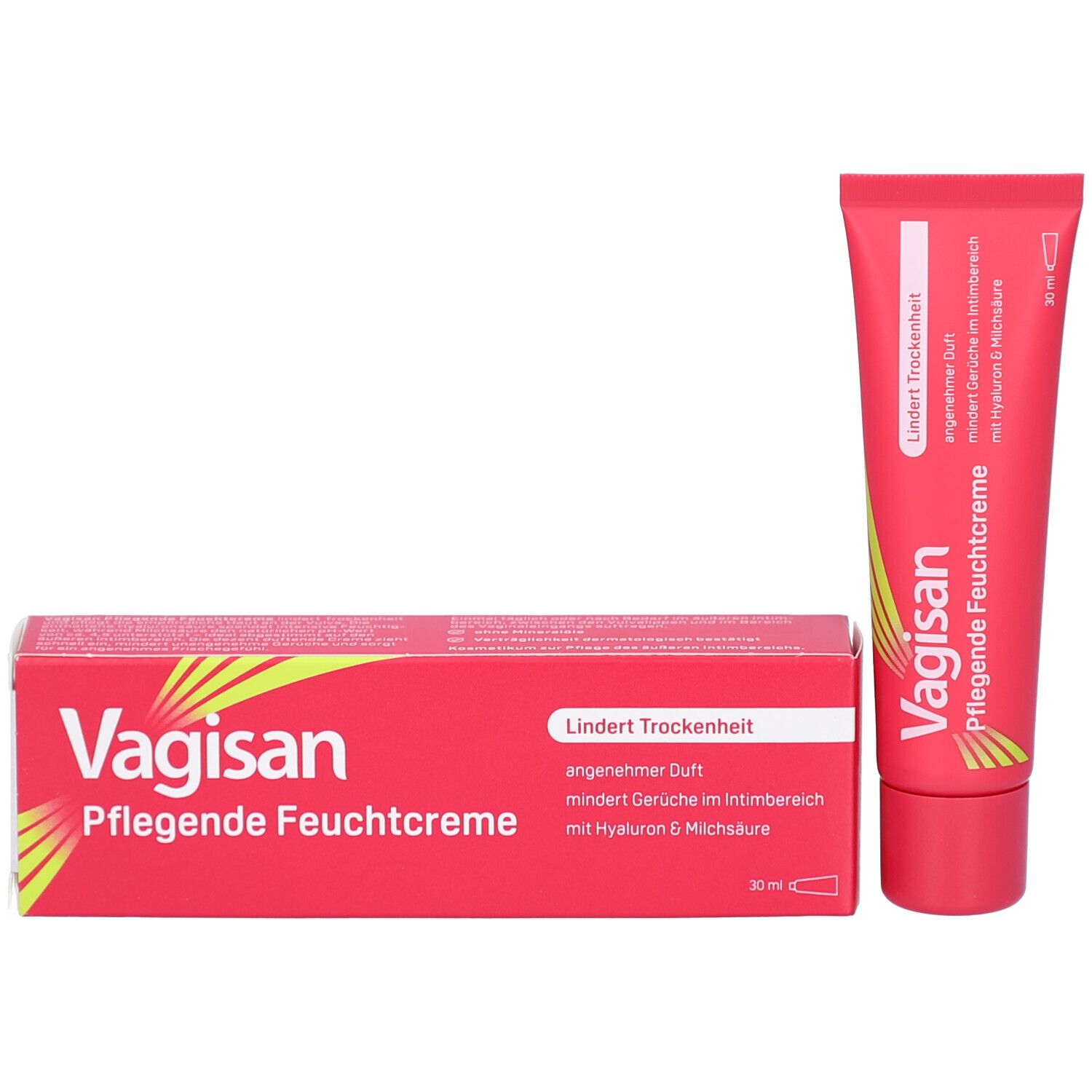 Produktpackung und Tube. Packung: rot, weißer Schriftzug Vagisan Pflegende Feuchtcreme. Tube: rosa, weißer Schriftzug, Produktinformationen.
