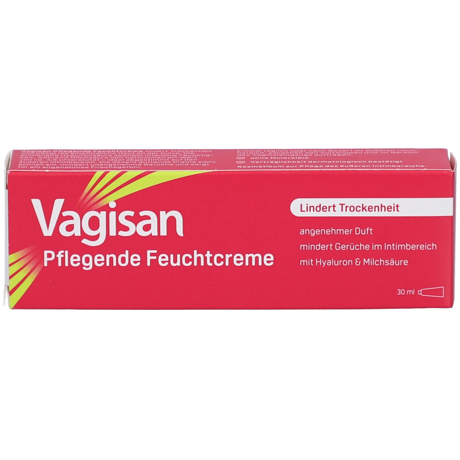 Rote Produktverpackung. Weißer Schriftzug: Vagisan Pflegende Feuchtcreme. Text: Lindert Trockenheit, angenehmer Duft, Hyaluron & Milchsäure.