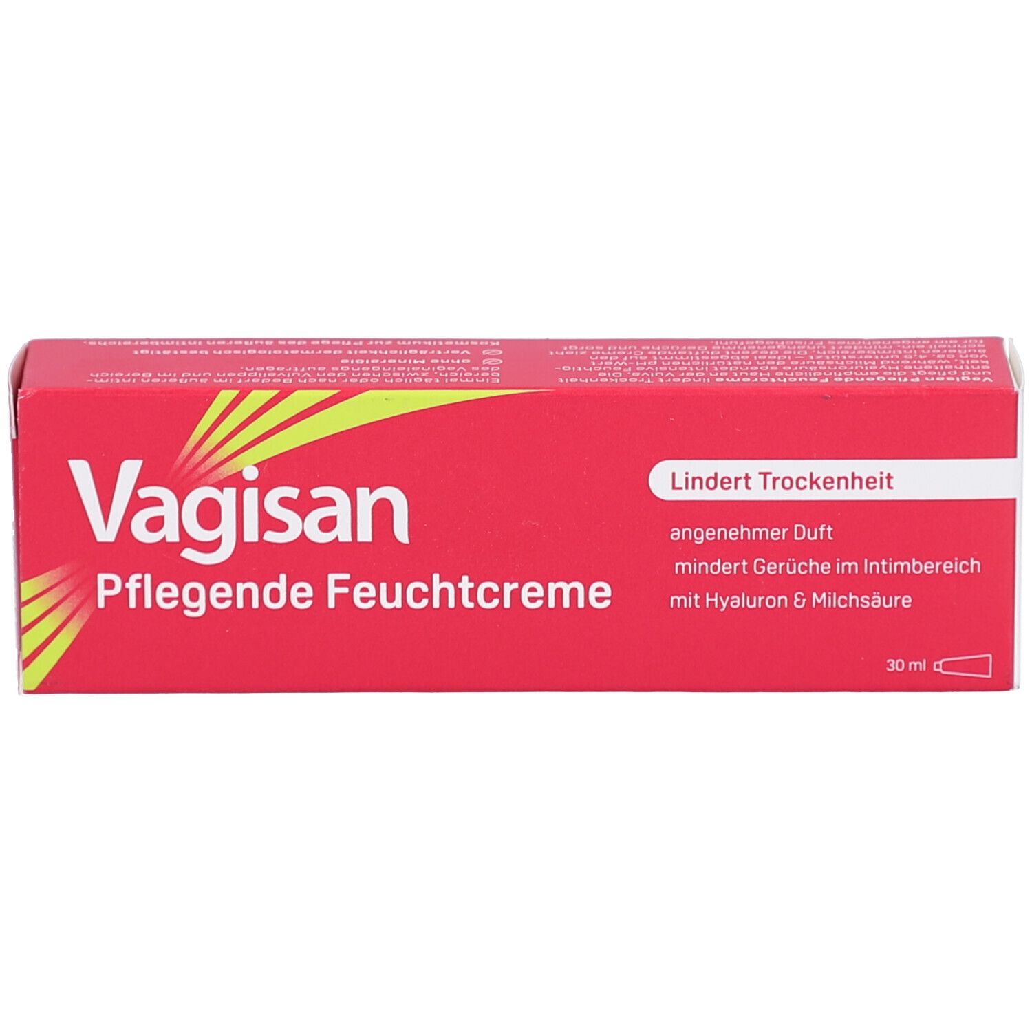 Produktverpackung. Rot mit weißem Schriftzug: Vagisan Pflegende Feuchtcreme. Text: Lindert Trockenheit, angenehmer Duft, Hyaluron & Milchsäure.