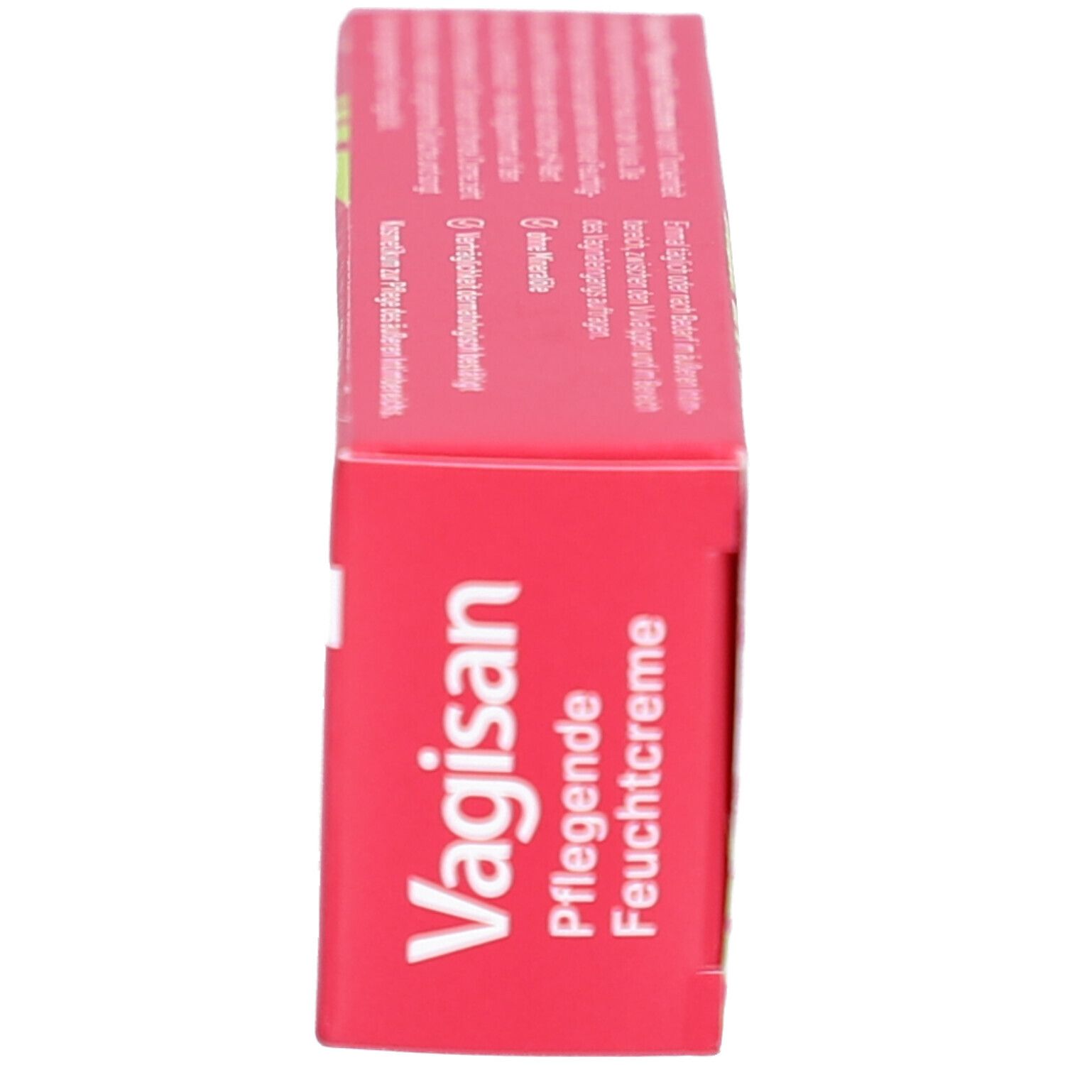 Seitenansicht der Produktverpackung. Schriftzug: Vagisan Pflegende Feuchtcreme. Produktinformationen und Herstellerinformationen.