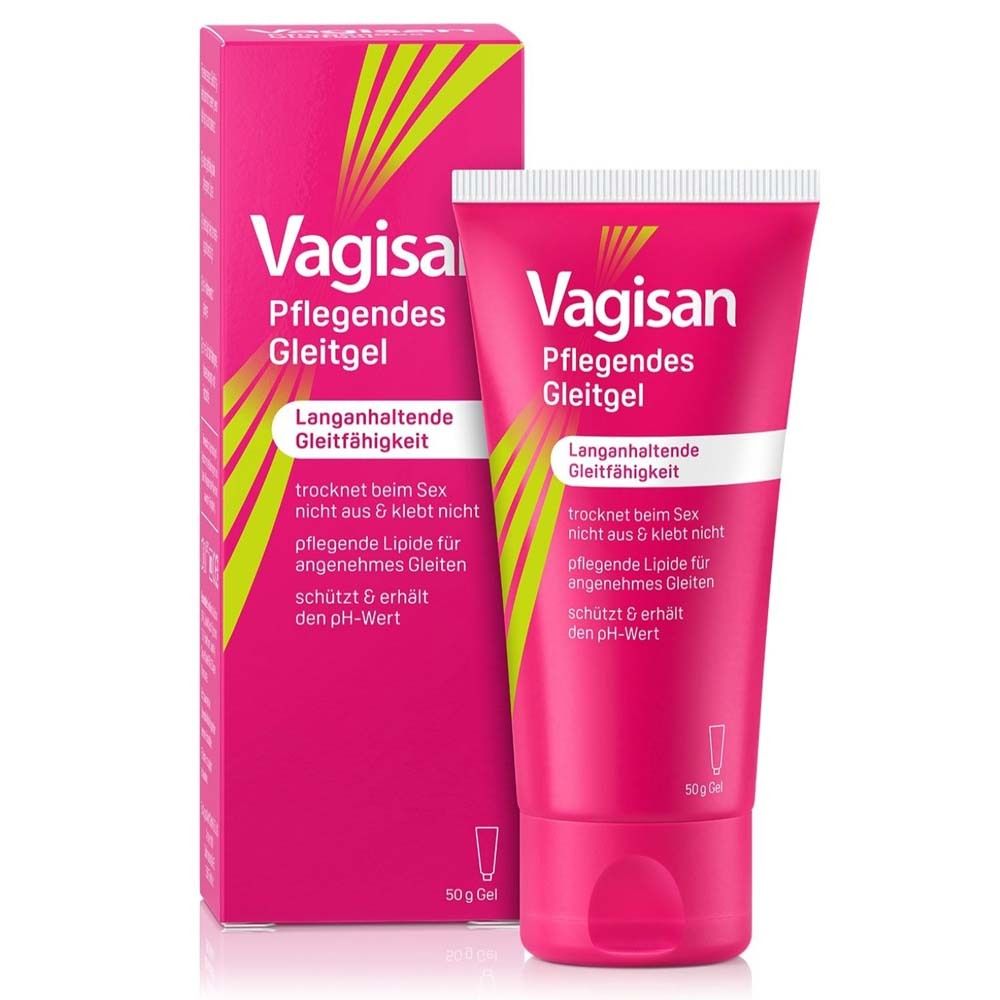 Rosa Tube und Schachtel. Aufschrift: Vagisan Pflegendes Gleitgel. Gel-Tube mit weißem Deckel. Gel-Tube und Schachtel stehen nebeneinander.