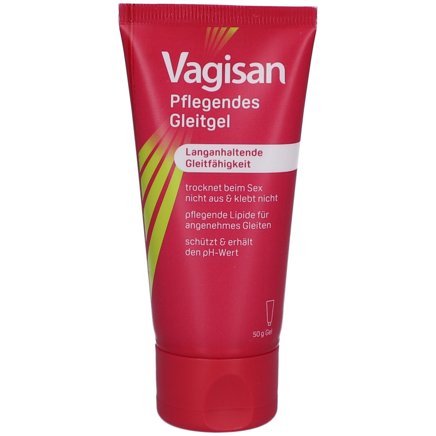 Rote Tube mit weißer Schrift: Vagisan Pflegendes Gleitgel. Gelbe Streifen. Roter Deckel. 50g Gel.