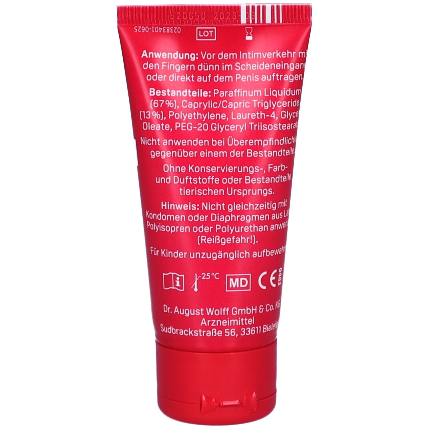 Rückseite der Tube. Text in deutscher Sprache. Inhaltsstoffe, Anwendungshinweise, Herstellerinformationen.