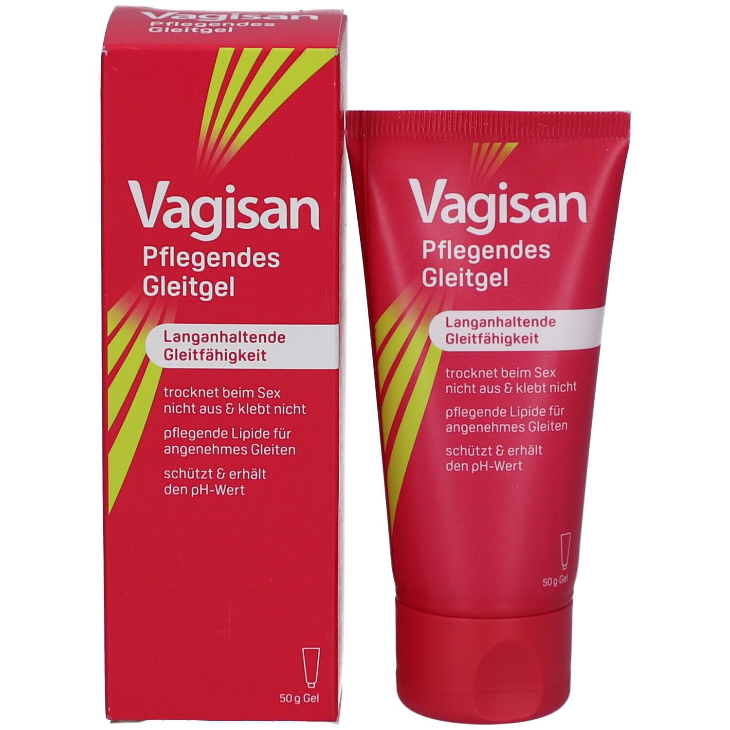 Produktverpackung: Tube und Schachtel. Beide rot mit weißer Schrift: Vagisan Pflegendes Gleitgel. Gelbe Streifen.