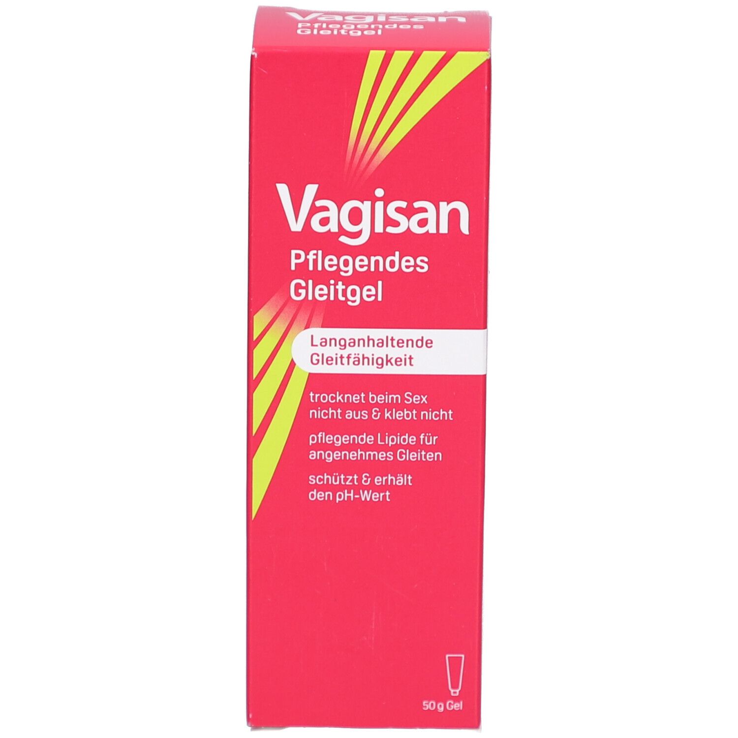 Rote Schachtel mit weißer Schrift: Vagisan Pflegendes Gleitgel. Gelbe Streifen. 50g Gel. Produktabbildung.
