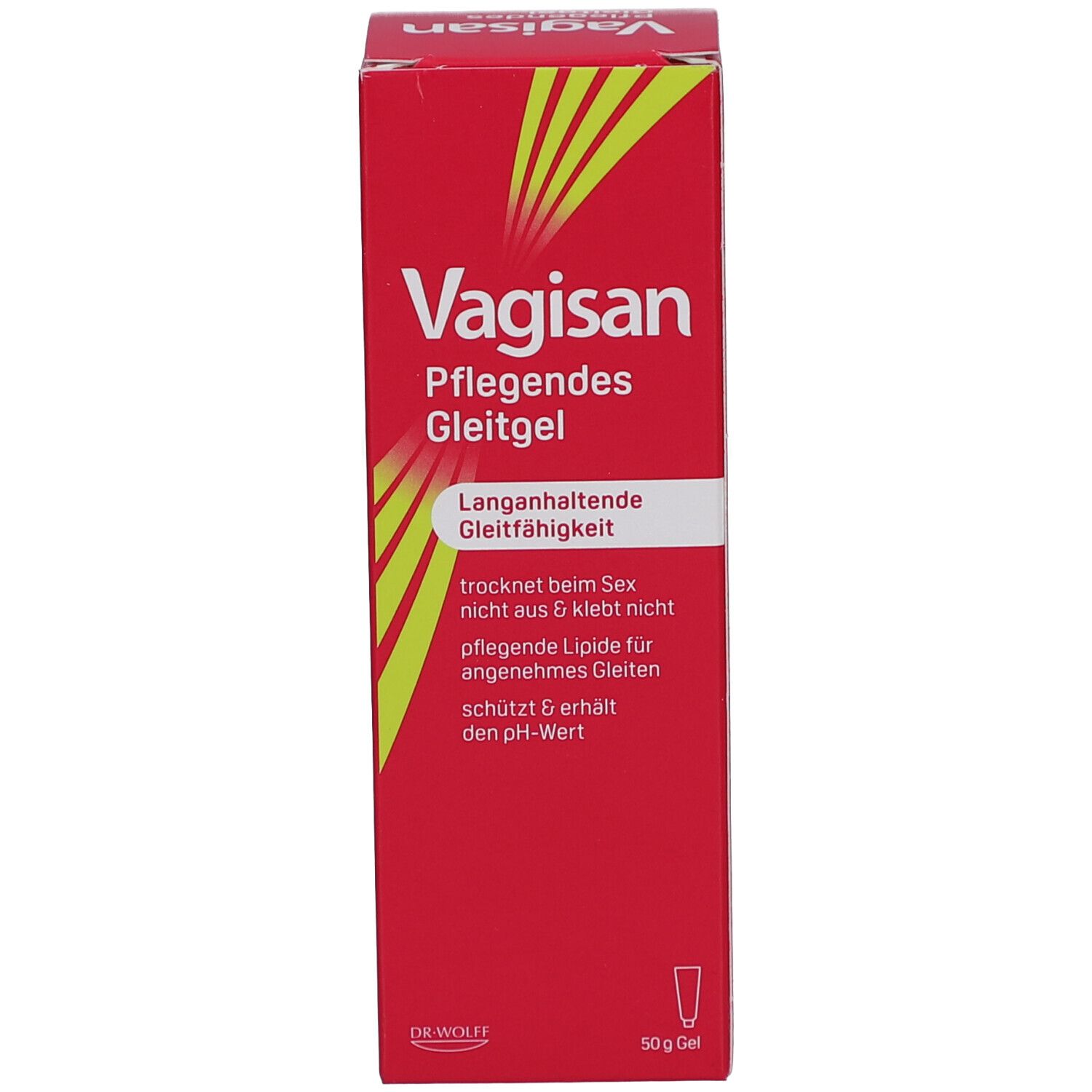 Vorderseite der Schachtel. Rote Schachtel mit weißer Schrift: Vagisan Pflegendes Gleitgel. Gelbe Streifen. Logo.