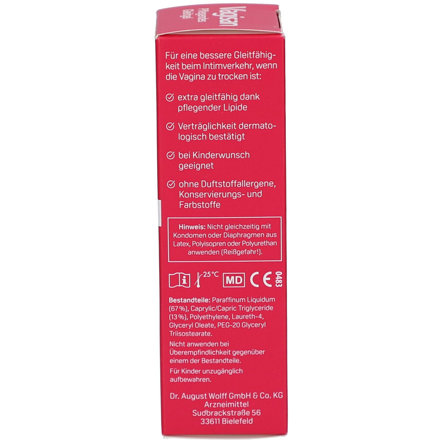 Seite der Schachtel. Text in deutscher Sprache. Produktvorteile, Inhaltsstoffe, Warnhinweise, Hersteller.