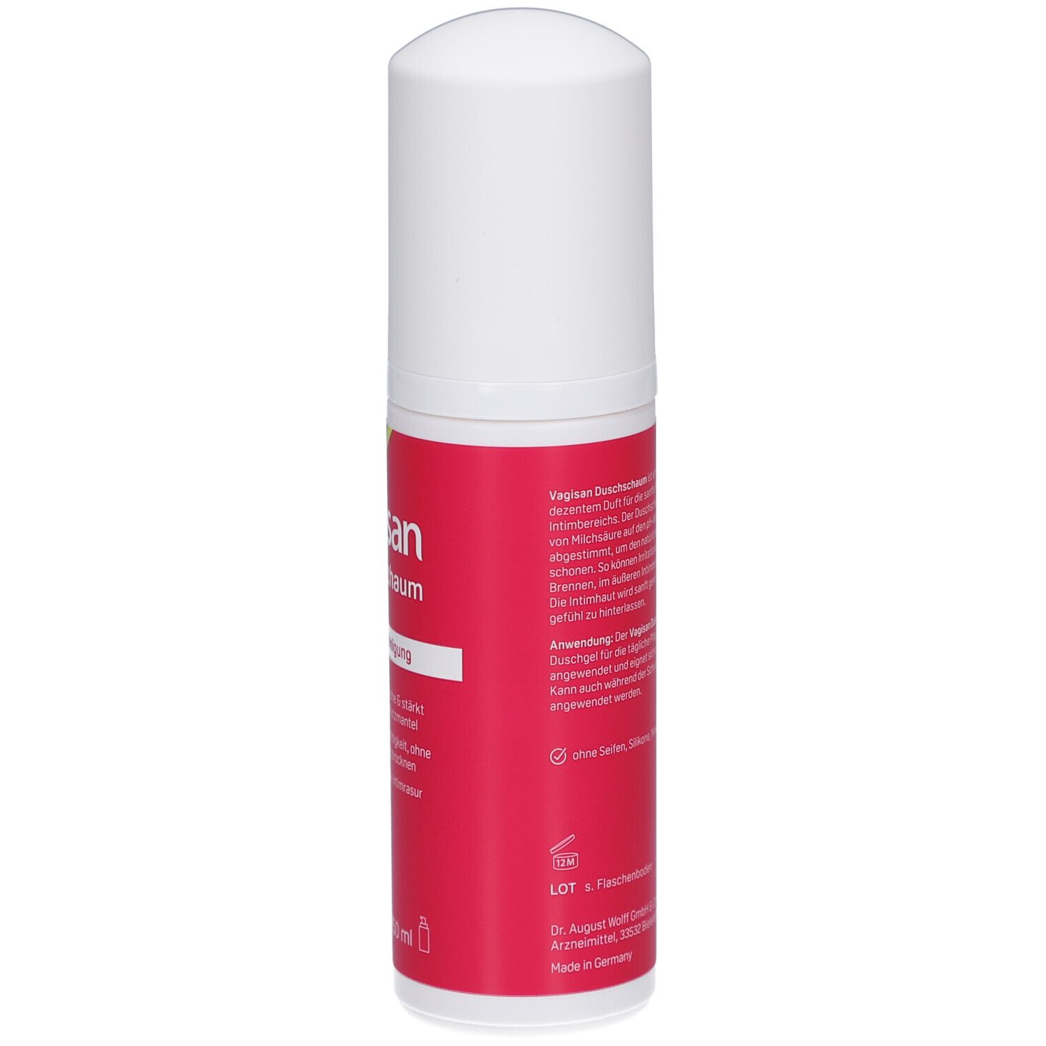 Weiß-rosa Flasche mit Sprühkopf. Aufschrift: Vagisan Duschschaum. Rückseite mit Text.