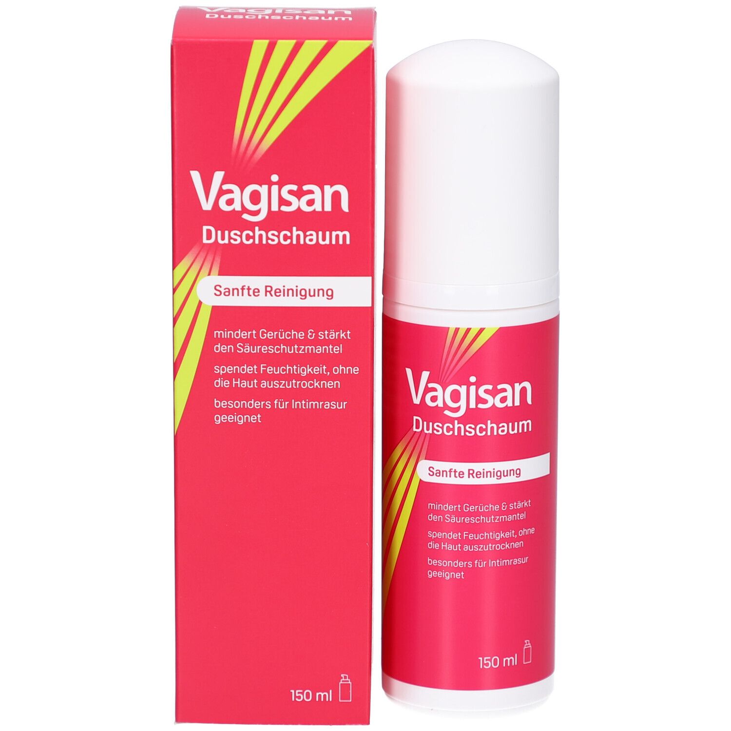 Produkt und Verpackung. Aufschrift: Vagisan Duschschaum. Sanfte Reinigung. 150 ml.