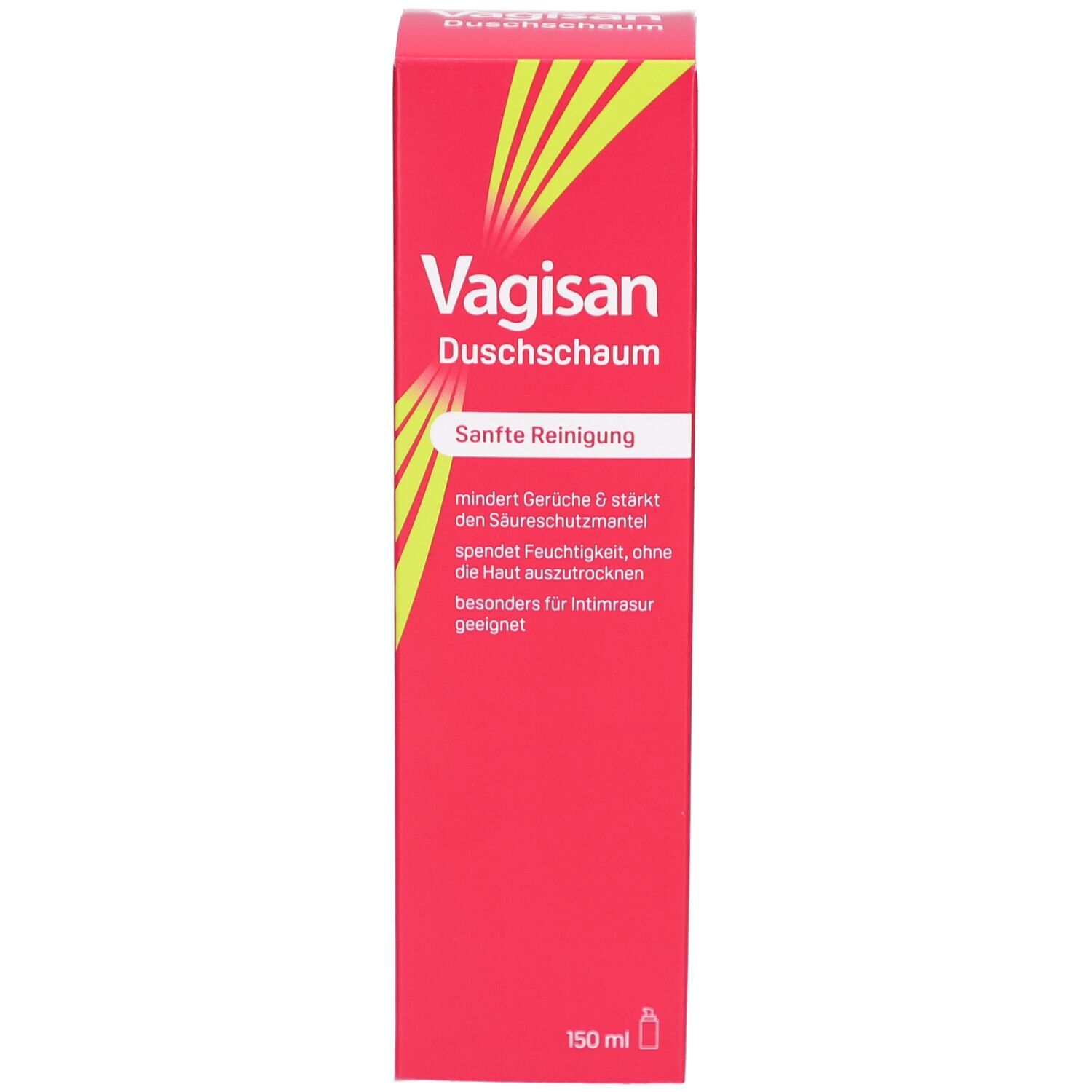 Verpackung. Aufschrift: Vagisan Duschschaum. Sanfte Reinigung. 150 ml.