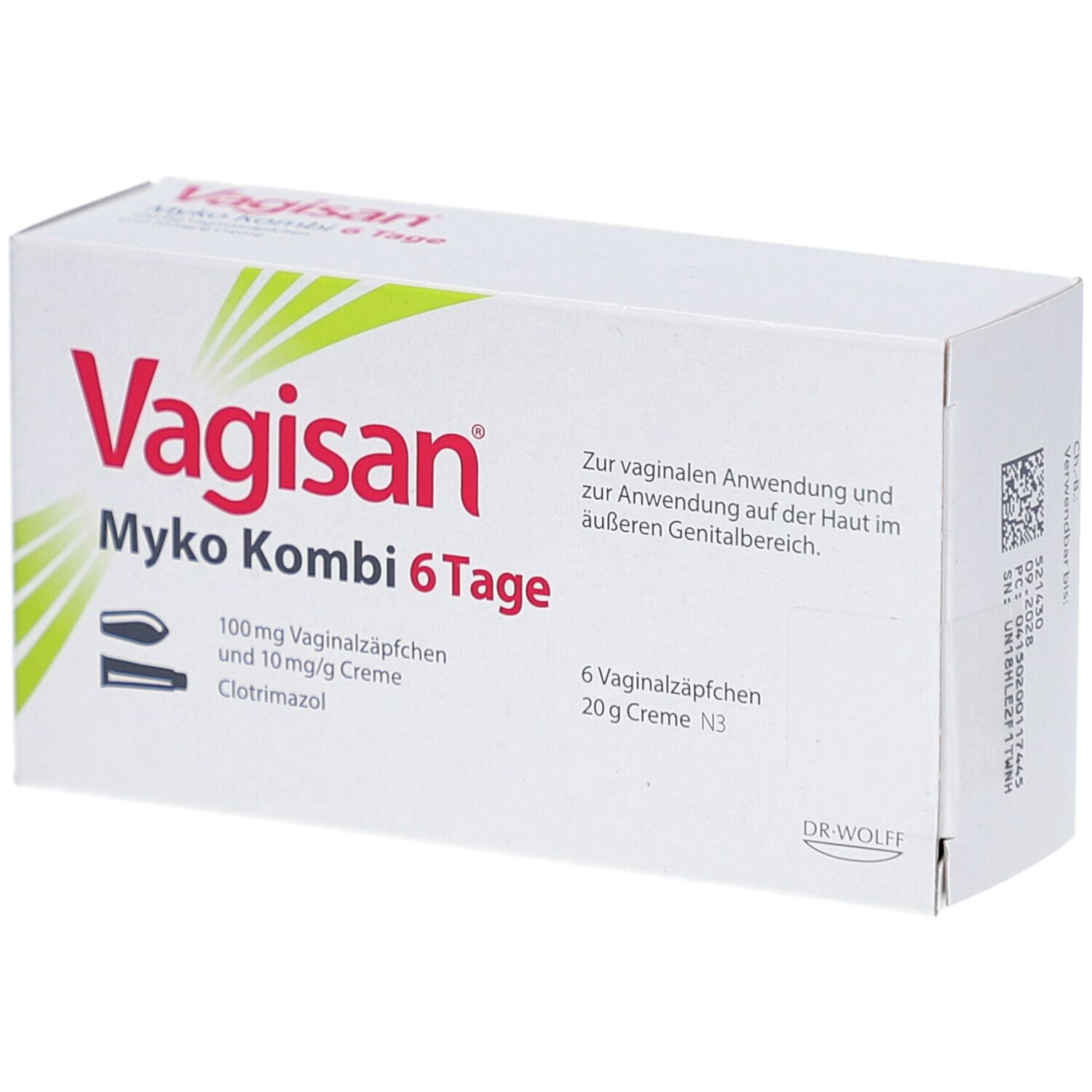 Weiße Schachtel mit roter Schrift. Aufschrift: Vagisan Myko Kombi 6 Tage. Enthält Vaginalzäpfchen und Creme.