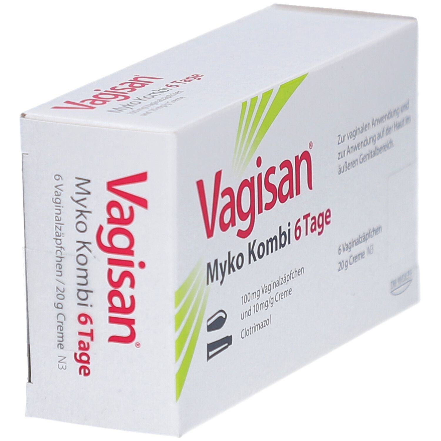 Weiße Schachtel, schräg. Aufschrift: Vagisan Myko Kombi 6 Tage. Enthält Vaginalzäpfchen und Creme. Rote Schrift.