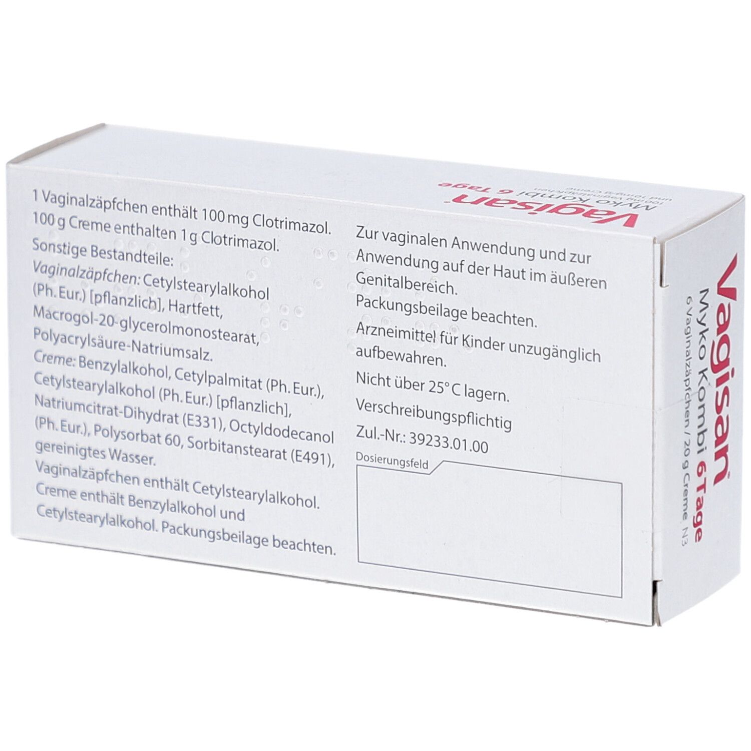 Weiße Schachtel, Rückseite. Text: Inhaltsstoffe, Anwendungshinweise, Zulassungsnummer. Kleingedruckt.