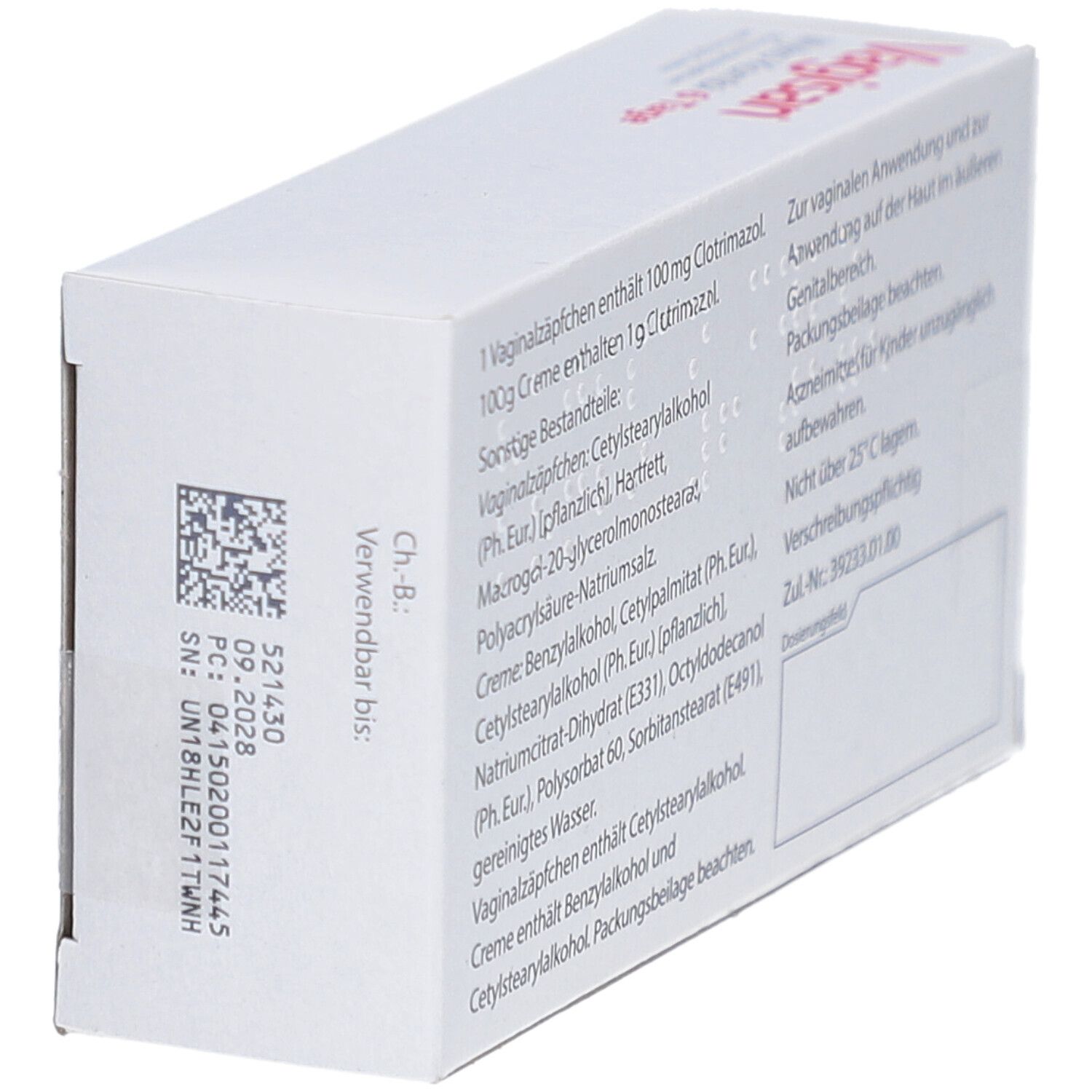 Weiße Schachtel, Rückseite, schräg. Text: Inhaltsstoffe, Anwendungshinweise, Zulassungsnummer. Kleingedruckt.