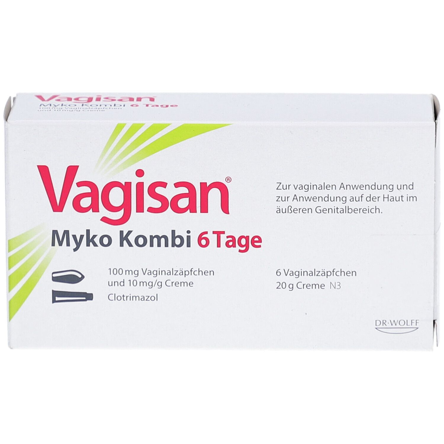 Weiße Schachtel mit roter Schrift. Aufschrift: Vagisan Myko Kombi 6 Tage. Enthält Vaginalzäpfchen und Creme.